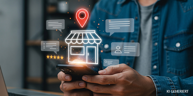 Icons für Local SEO - Icons für Unternehmen mit Standort-Pin und Bewertungen drum herum. Hand mit Smartphone im Hintergrund