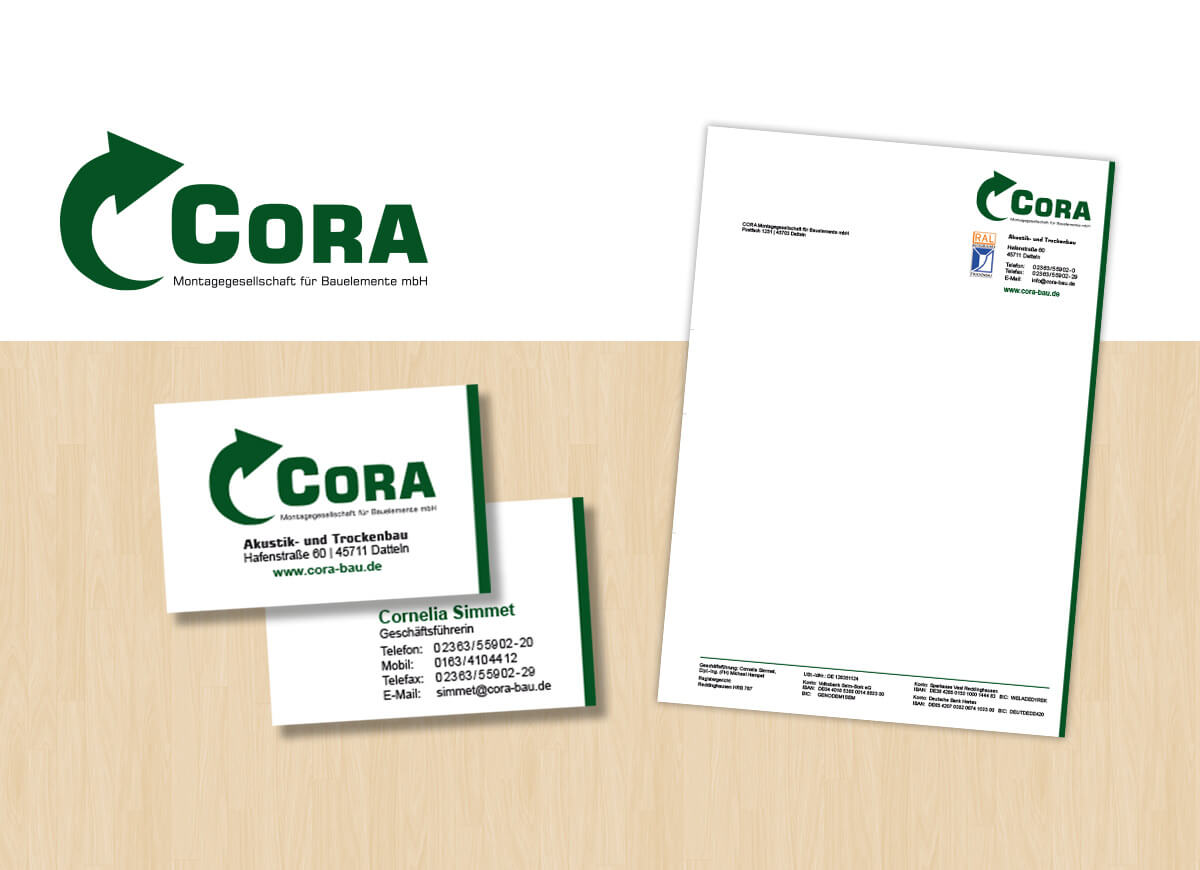 Visitenkarten und Briefbogen Cora Montagebaugesellschaft