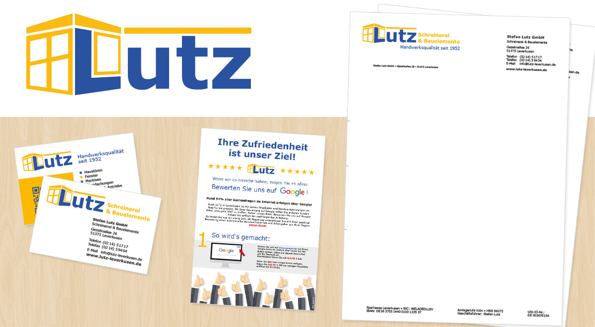 Logo, Visitenkarten, Briefbogen und Bewertungsflyer für die Stefan Lutz GmbH