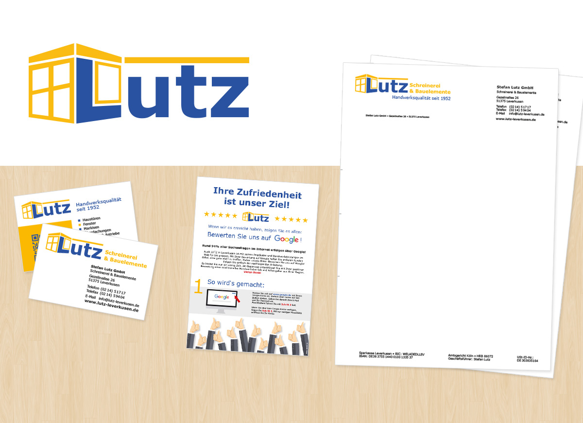 Logo, Visitenkarten, Briefbogen und Bewertungsflyer für die Stefan Lutz GmbH