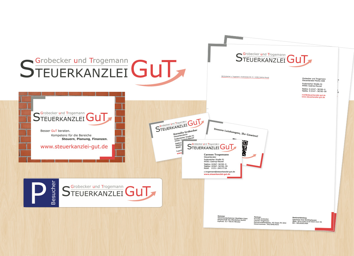 Logo,Visitenkarte, Briefbogen und Schilder der Steuerkanzlei GuT