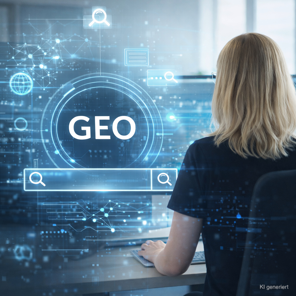 Im Vordergrund dteht das Kürzel GEO mit Icons drum herum. Im Hintergrund sitzt eine Frau am PC mit dem Rücken zu uns.